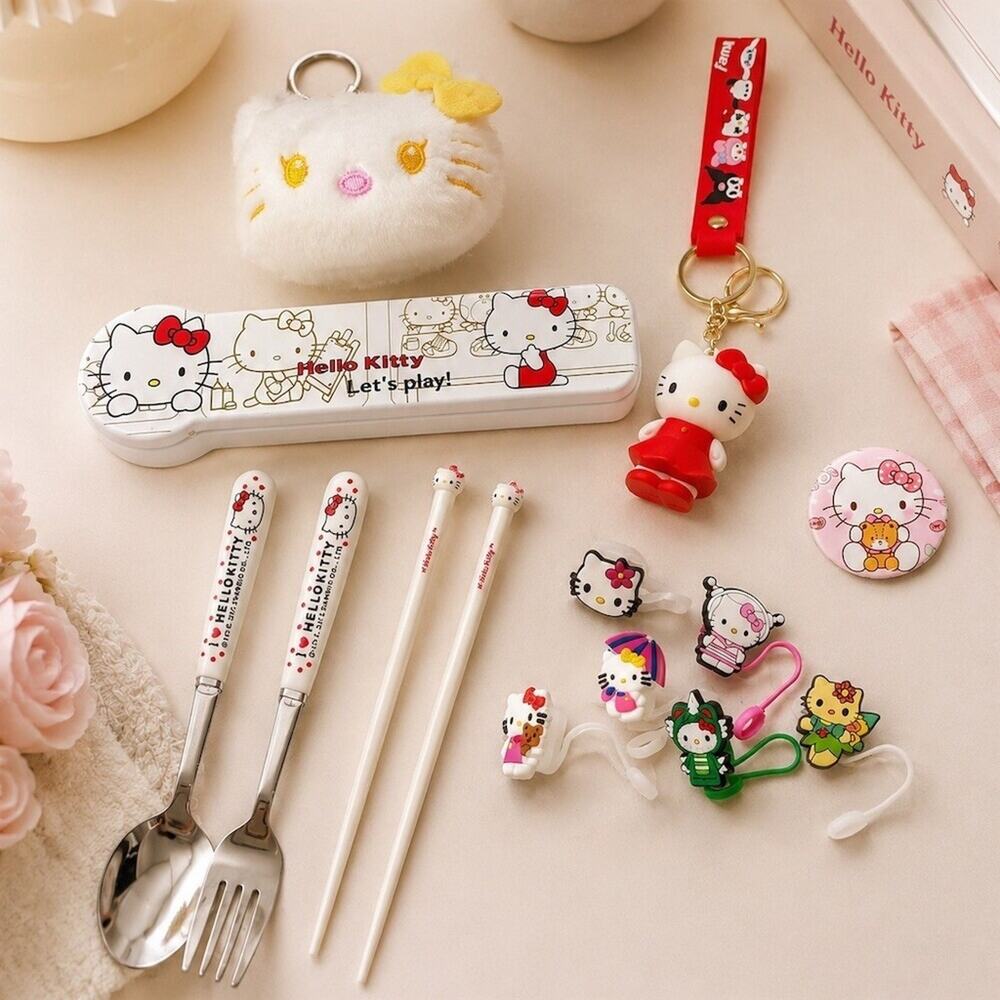 Sanrio bundle set Hello Kitty Spoon Fork Chopsticks Keychains straw top Sanrio